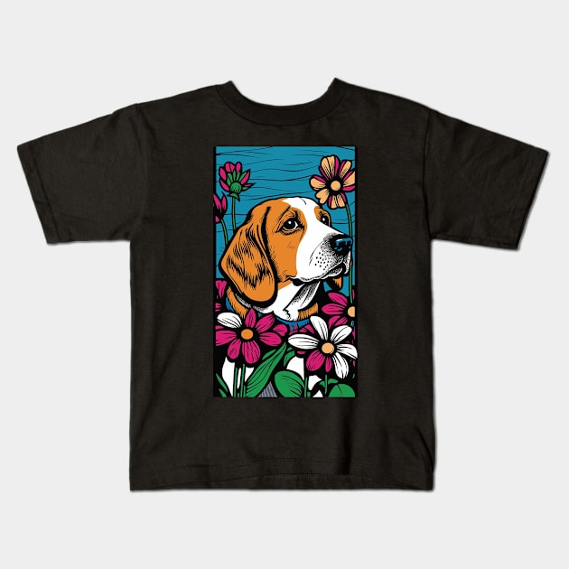 Beagle Dog Vibrant Tropical Flower Tall Retro Vintage Digital Pop Art Portrait Kids T-Shirt by ArtHouseFlunky